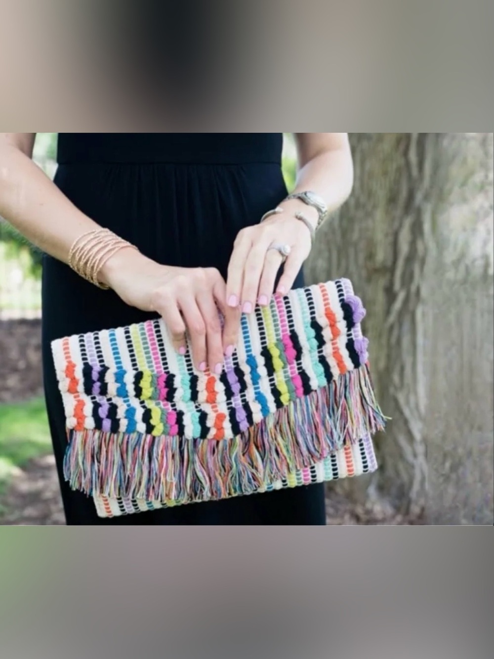 NWT Stella & Dot Taj Multicolor Macrame Fringe Woven Clutch - RETIRED